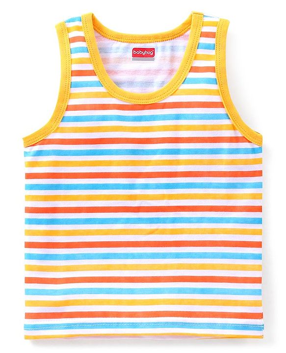 Babyhug 100% Cotton  Sleeveless Sando & Shorts Set Striped & Text Print - Yellow
