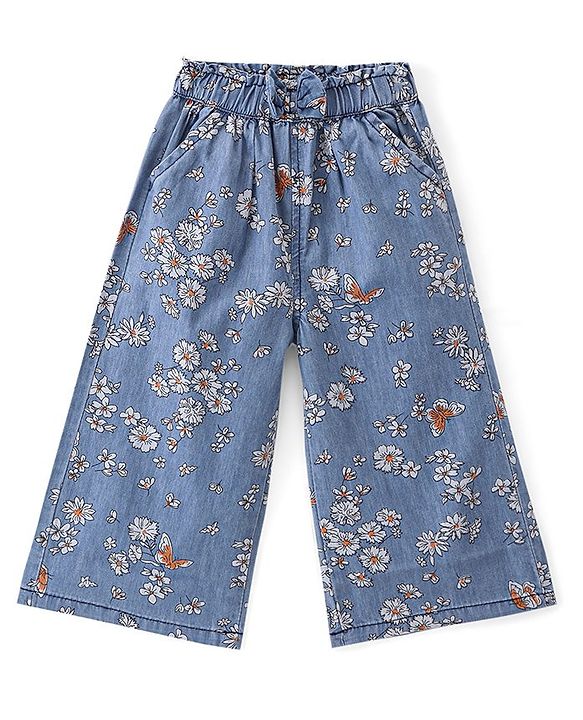 Babyhug 100% Cotton Denim Full Length Palazzo With Floral Print- Blue