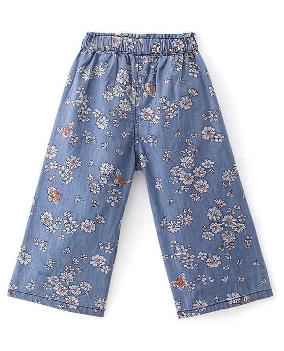Babyhug 100% Cotton Denim Full Length Palazzo With Floral Print- Blue