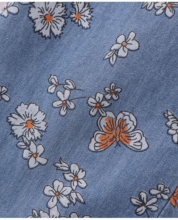 Babyhug 100% Cotton Denim Full Length Palazzo With Floral Print- Blue