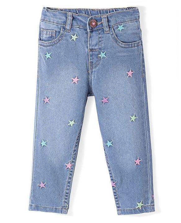 Babyhug Denim Full Length Jeans With Stretch & Star Embroidery - Blue
