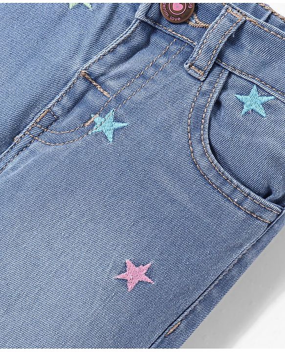Babyhug Denim Full Length Jeans With Stretch & Star Embroidery - Blue