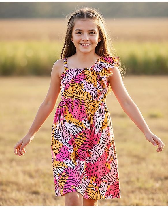 Pine Kids  Cotton Knit Sleeveless Frock with Cheetah Theme Print - White