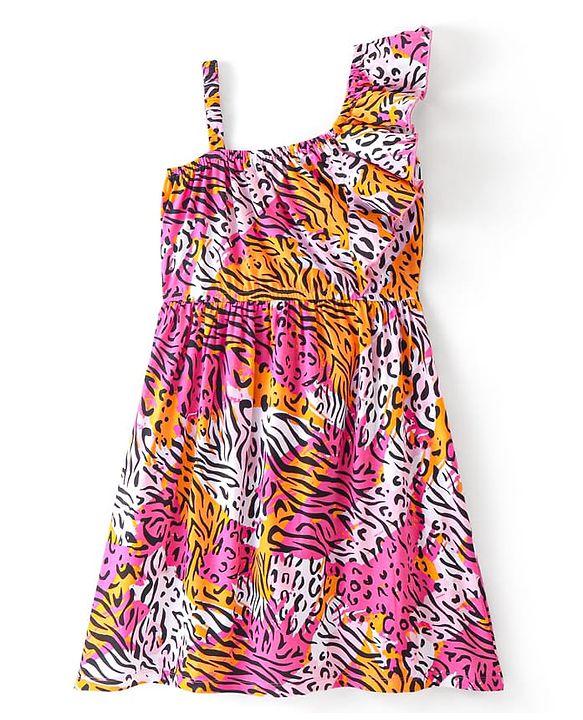 Pine Kids  Cotton Knit Sleeveless Frock with Cheetah Theme Print - White