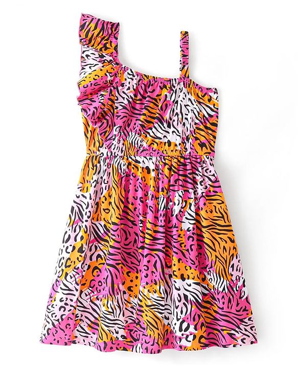 Pine Kids  Cotton Knit Sleeveless Frock with Cheetah Theme Print - White