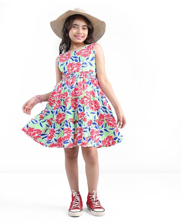 Pine Kids Cotton Knit Sleeveless Frock Floral Print - Snow White & Green