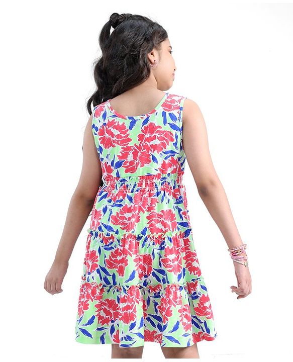Pine Kids Cotton Knit Sleeveless Frock Floral Print - Snow White & Green