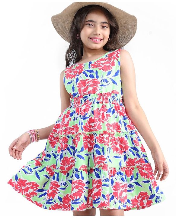 Pine Kids Cotton Knit Sleeveless Frock Floral Print - Snow White & Green