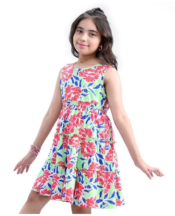 Pine Kids Cotton Knit Sleeveless Frock Floral Print - Snow White & Green