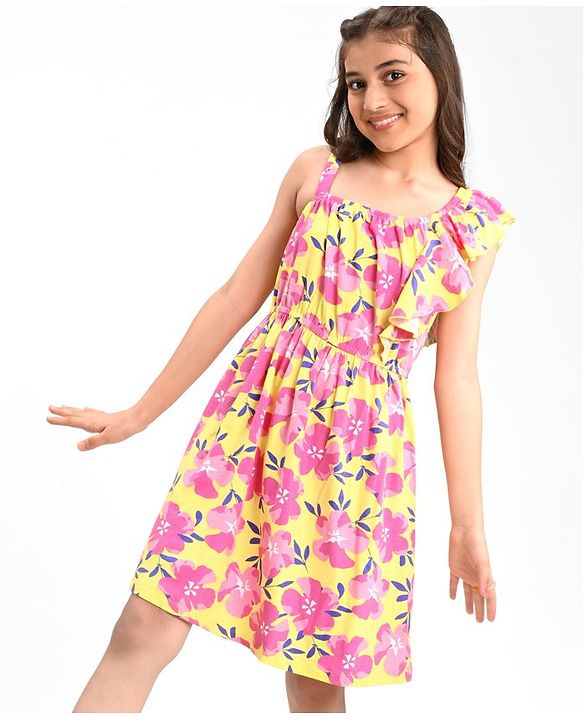 Pine Kids Cotton Knit Sleeveless Frock with Floral Print - Yellow