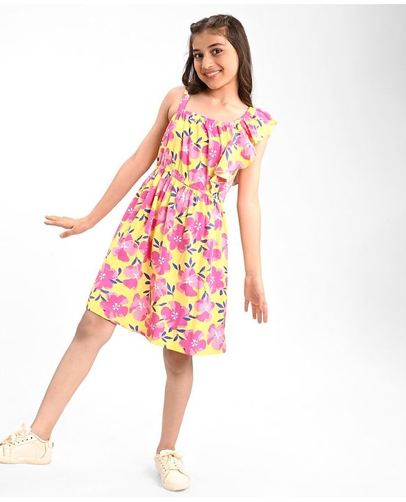 Pine Kids Cotton Knit Sleeveless Frock with Floral Print - Yellow
