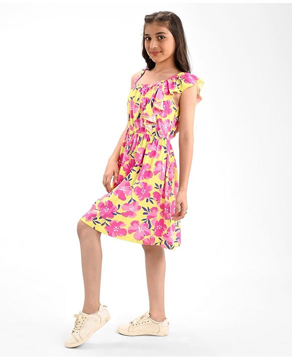 Pine Kids Cotton Knit Sleeveless Frock with Floral Print - Yellow