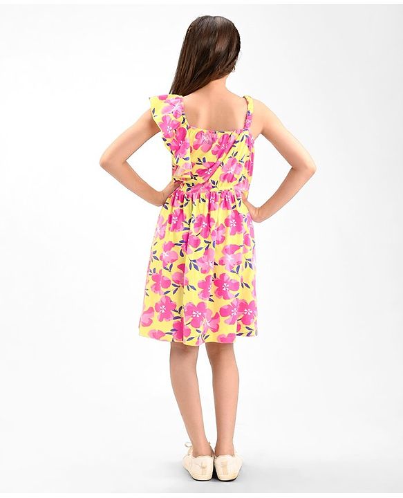 Pine Kids Cotton Knit Sleeveless Frock with Floral Print - Yellow