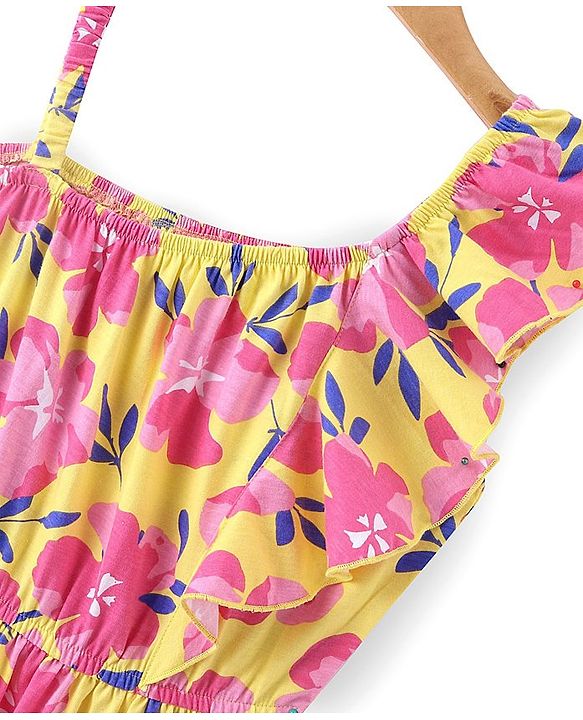 Pine Kids Cotton Knit Sleeveless Frock with Floral Print - Yellow