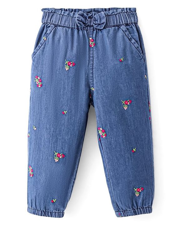 Babyhug 100% Cotton Denim Full Length Floral Embroidery Jogger - Blue