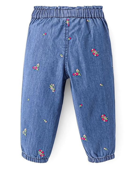 Babyhug 100% Cotton Denim Full Length Floral Embroidery Jogger - Blue