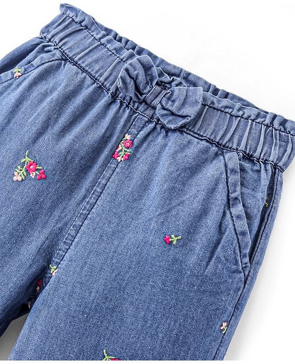 Babyhug 100% Cotton Denim Full Length Floral Embroidery Jogger - Blue