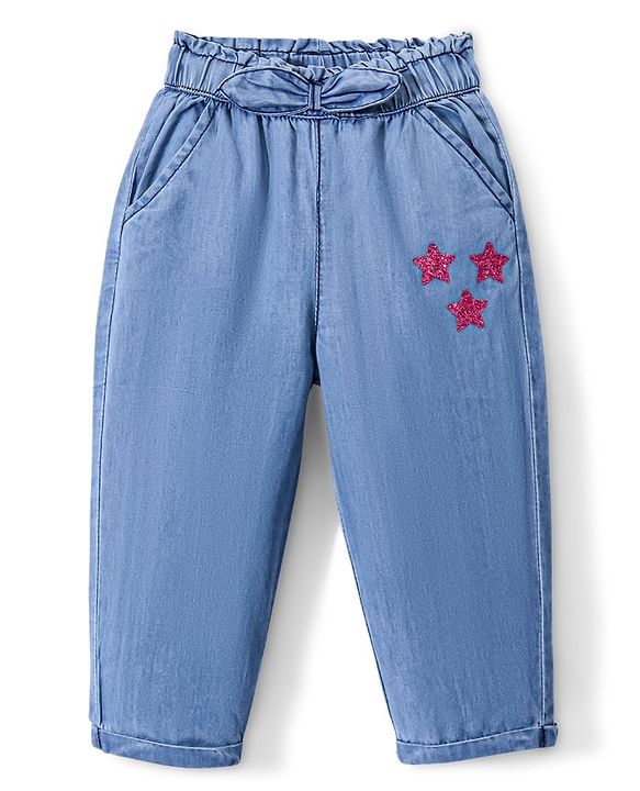 Babyhug Cotton Ankle Length Denim Culottes Glitter Star Print - Blue