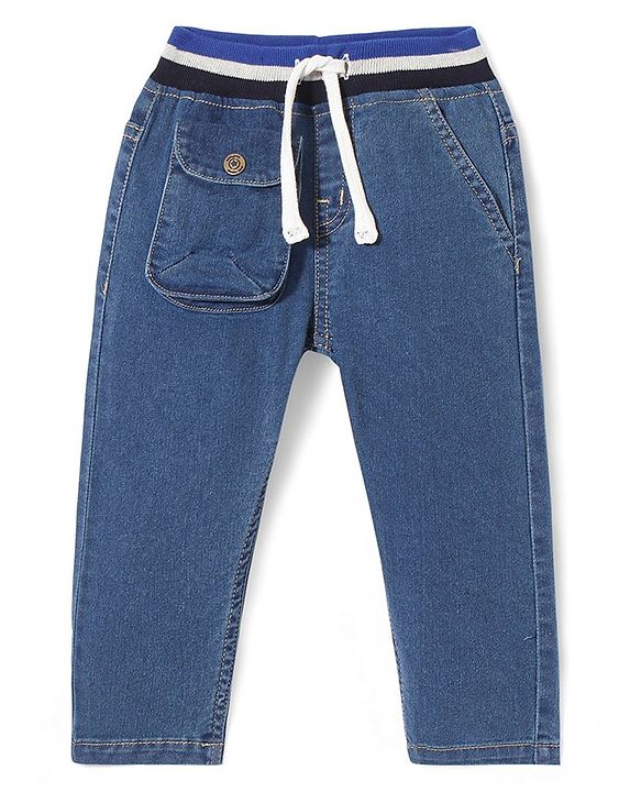 Babyhug Full Length Washed Stretchable Denim Jeans with Drawcord - Blue