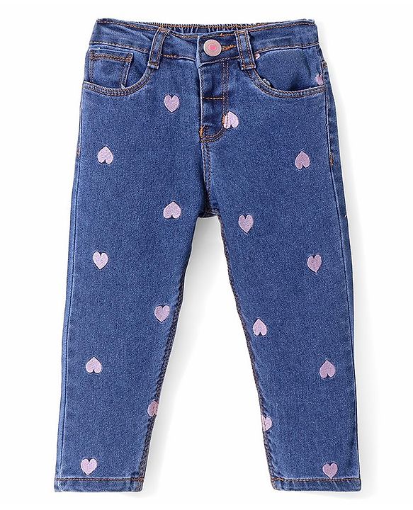 Babyhug Denim Full Length with Stretch Jeans Heart Embroidery - Blue