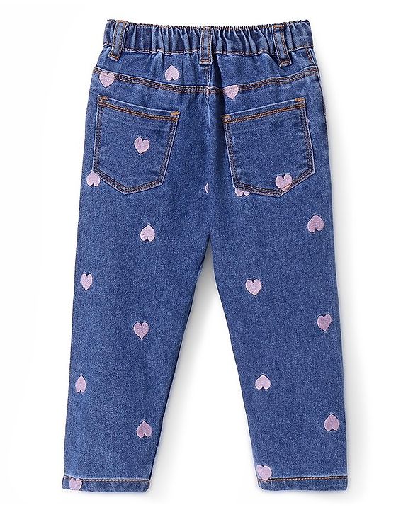 Babyhug Denim Full Length with Stretch Jeans Heart Embroidery - Blue