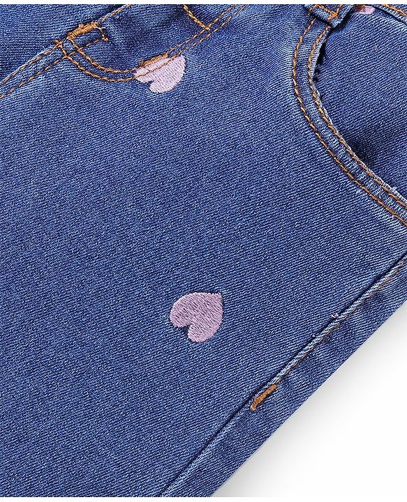 Babyhug Denim Full Length with Stretch Jeans Heart Embroidery - Blue