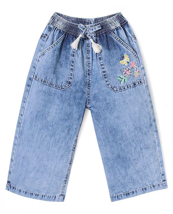 Babyhug Cotton Denim Ankle Length Floral & Butterfly Embroidered Culottes - Blue