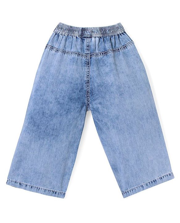 Babyhug Cotton Denim Ankle Length Floral & Butterfly Embroidered Culottes - Blue