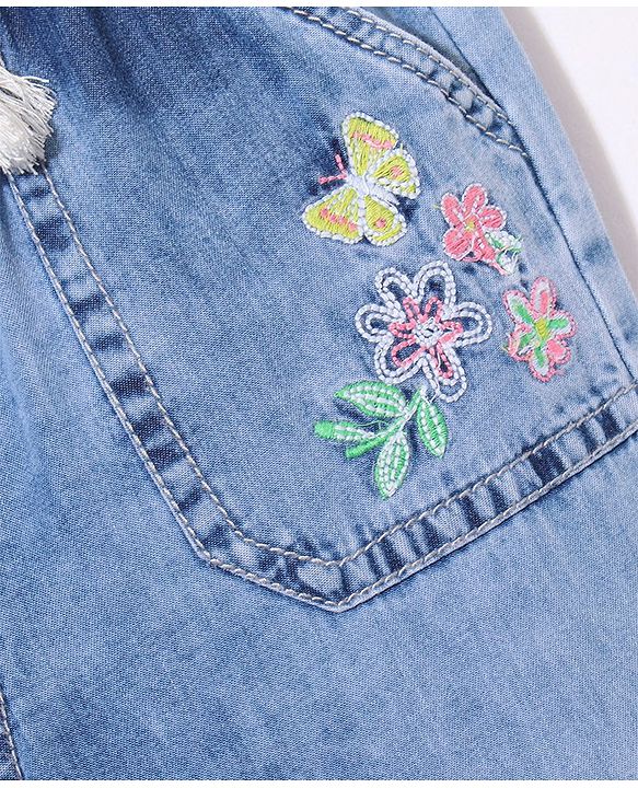 Babyhug Cotton Denim Ankle Length Floral & Butterfly Embroidered Culottes - Blue