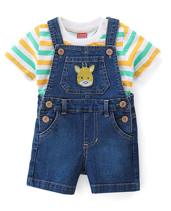 Babyhug Single Jersey Woven Dungaree & Striped Half Sleeves T-Shirt - Multicolour