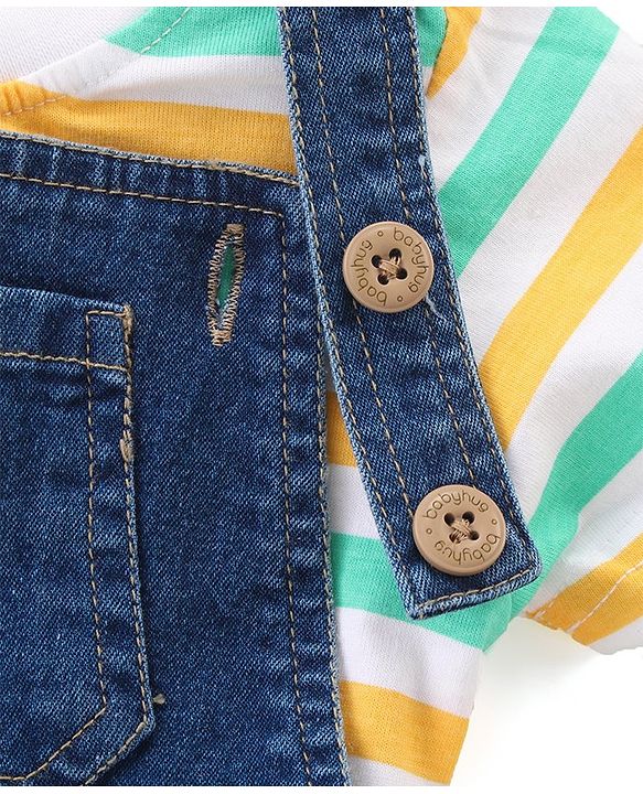 Babyhug Single Jersey Woven Dungaree & Striped Half Sleeves T-Shirt - Multicolour