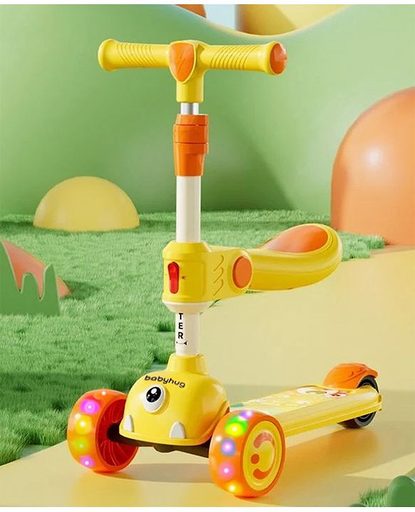 Babyhug Leo 2 in 1 Kids Kick Scooter with Foldable Seat with LED Wheels & Wide Standing Deck with 3 Level Adjustable Handlebar - Yellow
