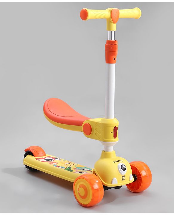 Babyhug Leo 2 in 1 Kids Kick Scooter with Foldable Seat with LED Wheels & Wide Standing Deck with 3 Level Adjustable Handlebar - Yellow