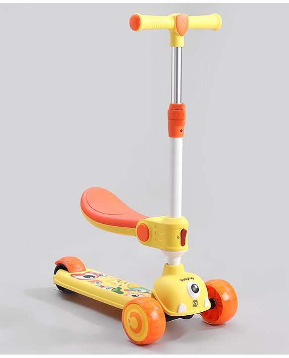 Babyhug Leo 2 in 1 Kids Kick Scooter with Foldable Seat with LED Wheels & Wide Standing Deck with 3 Level Adjustable Handlebar - Yellow