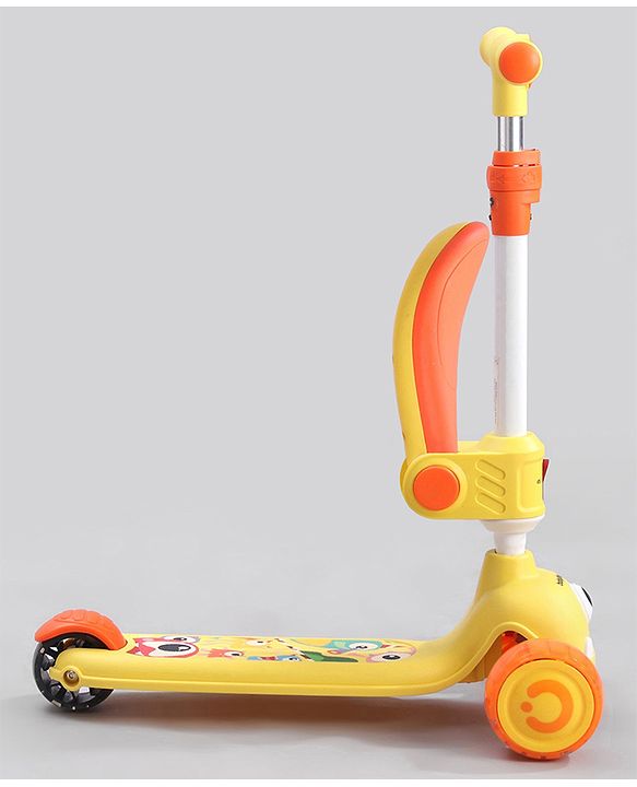 Babyhug Leo 2 in 1 Kids Kick Scooter with Foldable Seat with LED Wheels & Wide Standing Deck with 3 Level Adjustable Handlebar - Yellow