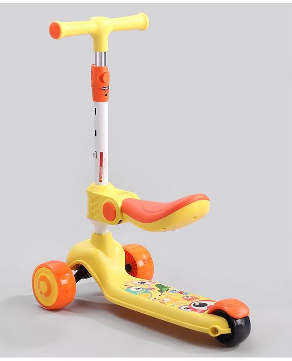 Babyhug Leo 2 in 1 Kids Kick Scooter with Foldable Seat with LED Wheels & Wide Standing Deck with 3 Level Adjustable Handlebar - Yellow