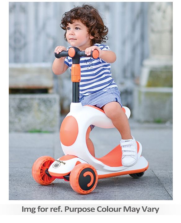 Babyhug Hawk 3in1 Foldable Kids Kick Scooter with Adjustable Seat LED Wheels Wide Standing Deck & 4 Level Height Adjustment