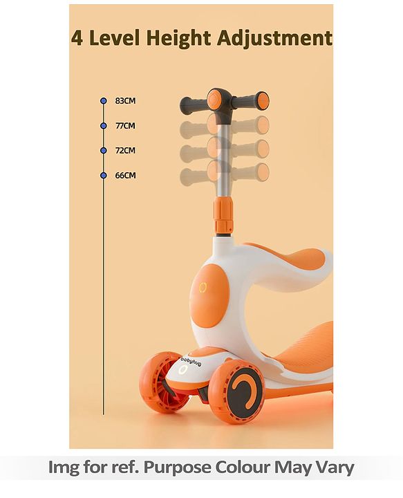 Babyhug Hawk 3in1 Foldable Kids Kick Scooter with Adjustable Seat LED Wheels Wide Standing Deck & 4 Level Height Adjustment