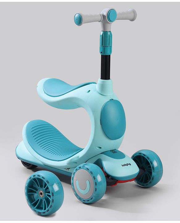 Babyhug Hawk 3in1 Foldable Kids Kick Scooter with Adjustable Seat LED Wheels Wide Standing Deck & 4 Level Height Adjustment