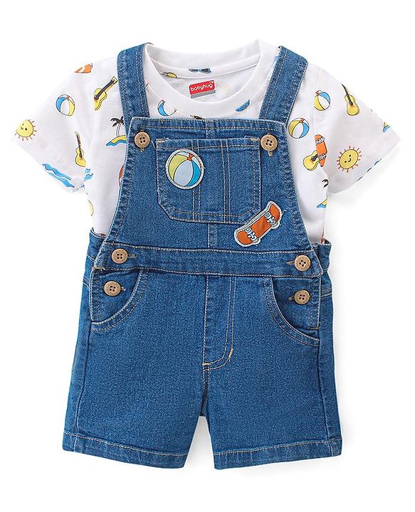Babyhug Single Jersey Woven Dungaree & Half Sleeves T-Shirt Skate Print - White & Blue