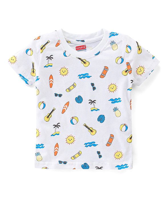 Babyhug Single Jersey Woven Dungaree & Half Sleeves T-Shirt Skate Print - White & Blue