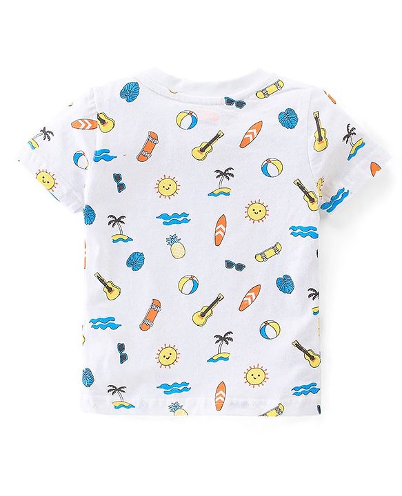 Babyhug Single Jersey Woven Dungaree & Half Sleeves T-Shirt Skate Print - White & Blue