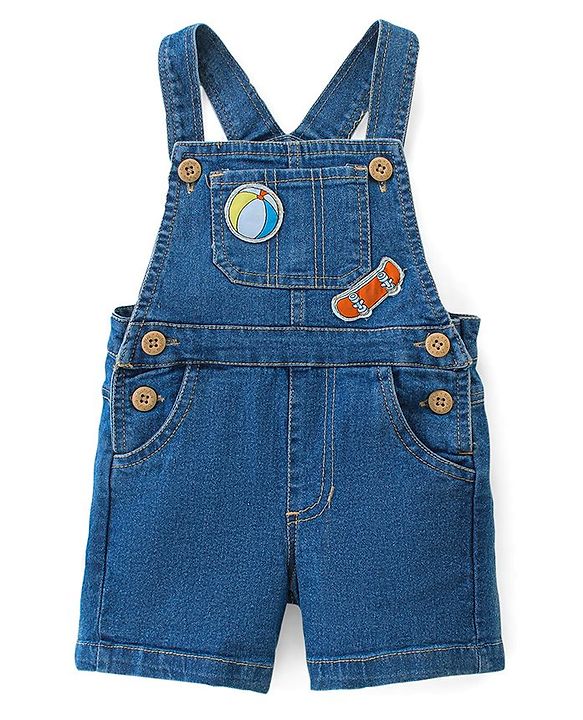 Babyhug Single Jersey Woven Dungaree & Half Sleeves T-Shirt Skate Print - White & Blue