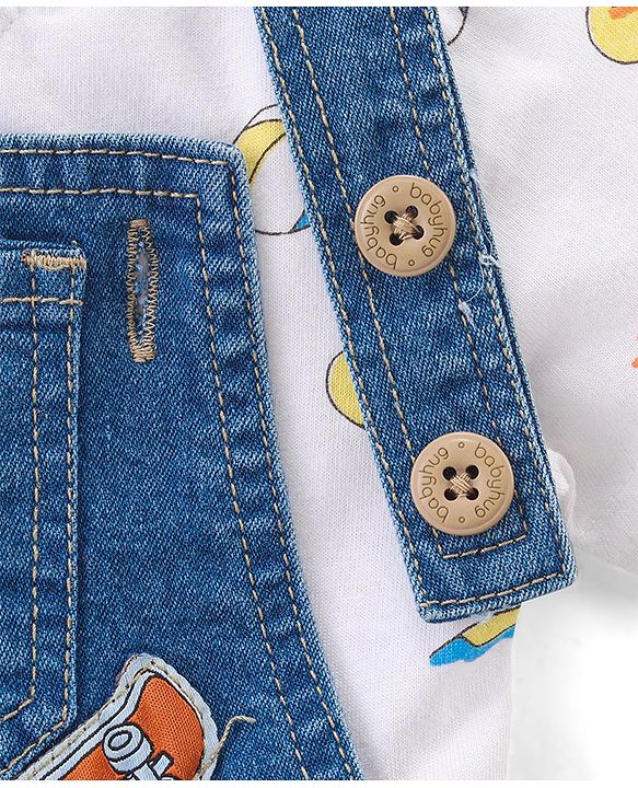 Babyhug Single Jersey Woven Dungaree & Half Sleeves T-Shirt Skate Print - White & Blue