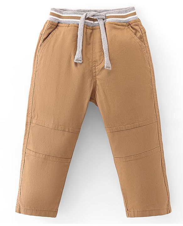 Babyhug Cotton Lycra Woven Full Length Trousers Solid Colour -  Khaki