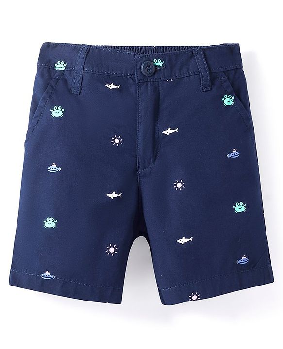 Babyhug Cotton Woven Mid Thigh Length Shorts With Sea Life Print - Navy Blue