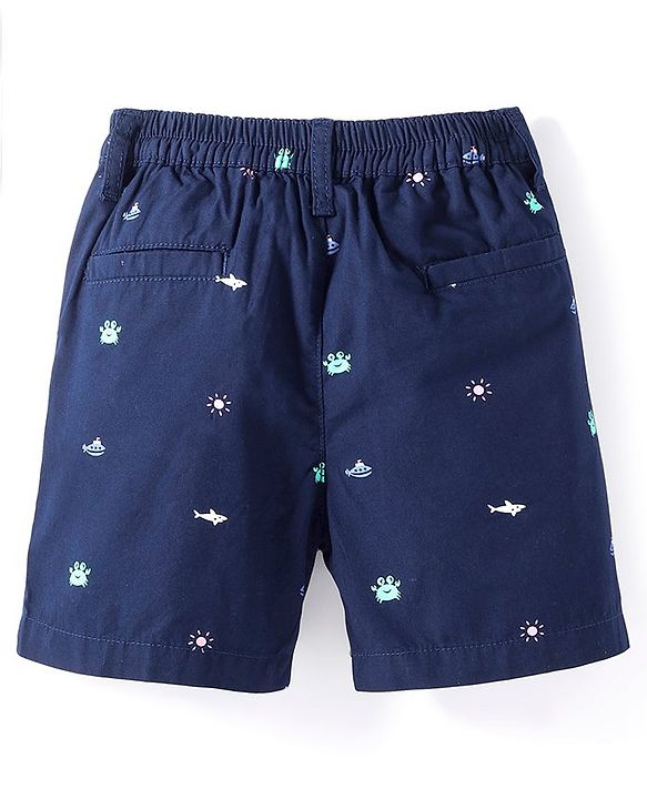 Babyhug Cotton Woven Mid Thigh Length Shorts With Sea Life Print - Navy Blue