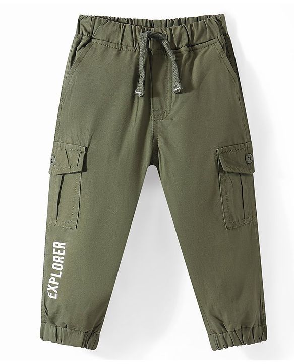 Babyhug Cotton Woven Full Length Text Printed Joggers - Olive