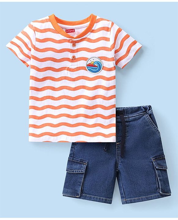 Babyhug Cotton Knit Half Sleeves T-Shirt & Shorts Set with Wavy  Print & Patch - Orange & Blue