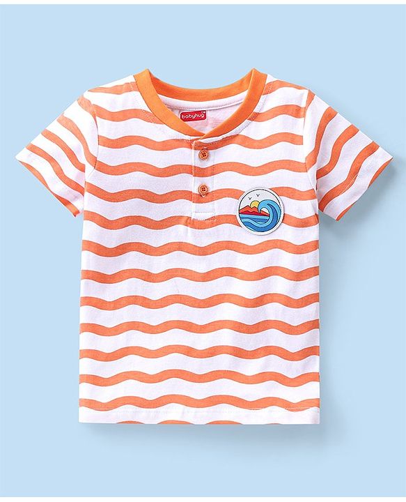 Babyhug Cotton Knit Half Sleeves T-Shirt & Shorts Set with Wavy  Print & Patch - Orange & Blue